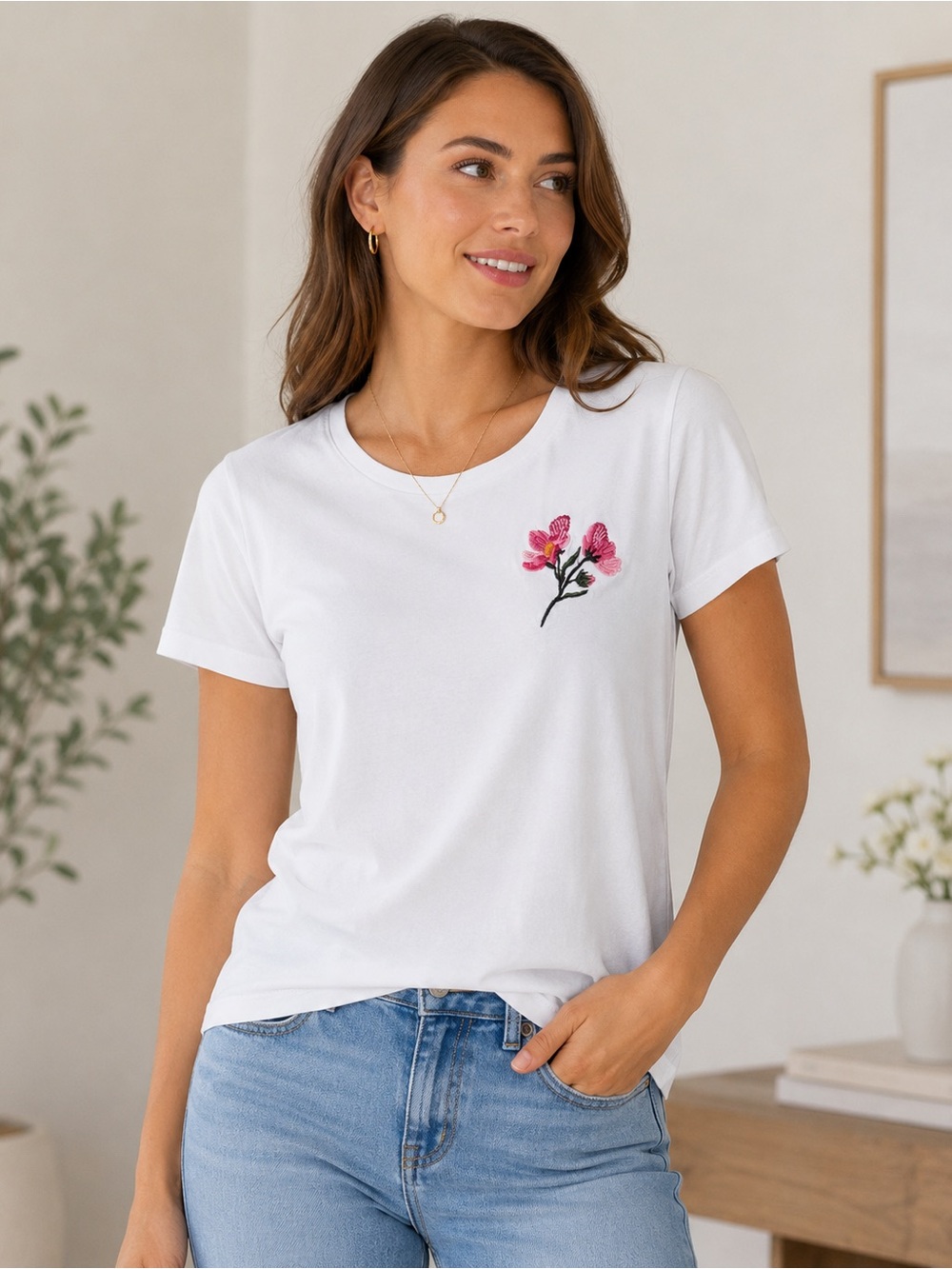 CLEVÉ Women’s White Cotton T-Shirt Pink Floral Embroidery Size M
